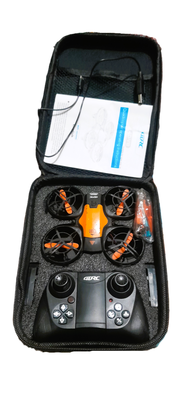 4DRC V8 mini RC drone in black and orange color scheme with protective propeller guards