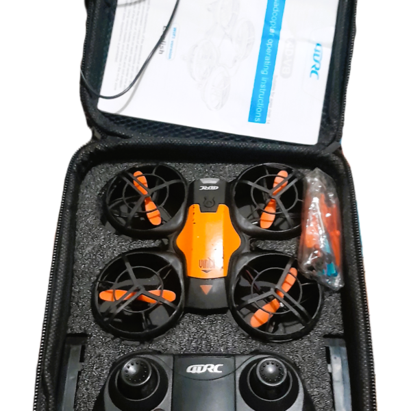 4DRC V8 mini RC drone in black and orange color scheme with protective propeller guards