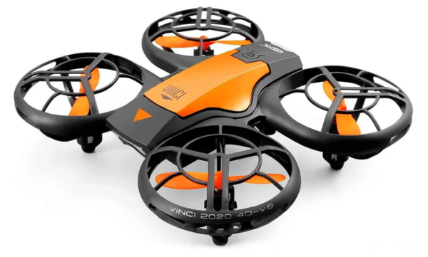 4DRC V8 mini RC drone in black and orange color scheme with protective propeller guards