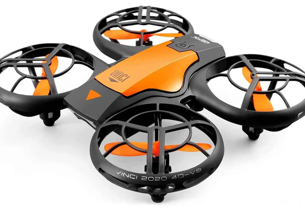 4DRC V8 mini RC drone in black and orange color scheme with protective propeller guards