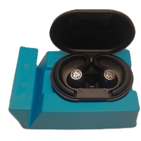 JLab JBuds Air Sport true wireless earbuds with open charging case on a white background