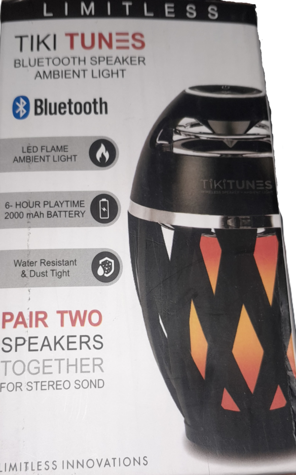 tikitunes-portable-bluetooth-5.0-speaker-with-ambient-led-torch-01 Limitless Innovations TikiTunes portable Bluetooth speaker with ambient LED flame effect light packaging